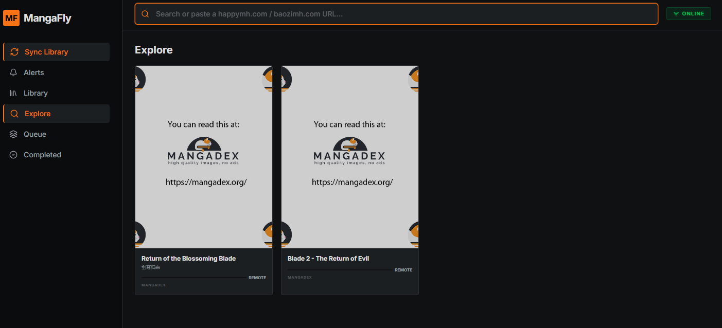 MangaFly explore screen